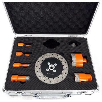 Set carote diamantate pt. gresie portelanata & piatra - diam. 6, 8, 10, 20, 35, 68 (mm), freza conica, disc taiere si ceara 3DTECH - Super PREMIUM - DXDY.NEODRILL.9SET