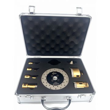 Set carote diamantate pt. gresie portelanata & piatra - diam. 6, 8, 10, 20, 35, 68 (mm), freza conica, disc taiere si ceara PREMIUM - DXDY.GOLDrill.9SET